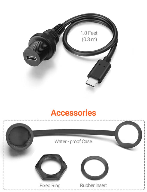 USB Type C 3.1 Male to Female Flush Mount Cable Waterproof Kit for Car Boat Motorcycle, 1 Feet 30 cm