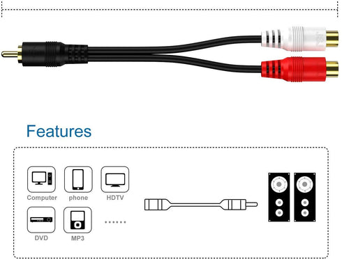 RCA 1 Male to 2 Female Audio Speaker Y Adapter Splitter Cable, 2 Pack / 0.6FT, OFC Conductor