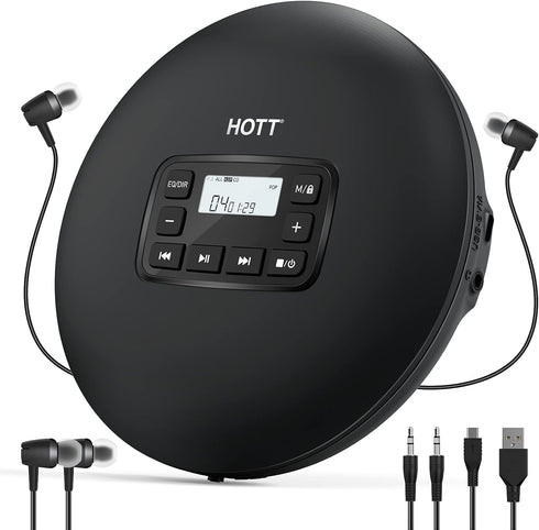 HOTT CD204 Portable CD Player - Personal Compact CD Player with Headphones, Anti-Skip/Shockproof for Home Travel, Black