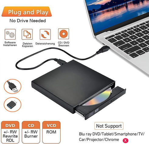 gingo 11/10/8/7 External CD DVD Drive Player, USB Slim Portable CD-ROM DVD+/-RW Drive Recorder CD Burner Reader Writer