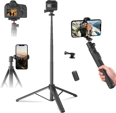 KINGJOY Selfie Stick Tripod for Gopro Camera, 66" Extendable Tripod Stand with 360