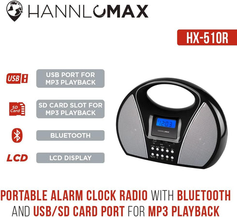 HANNLOMAX HX-510R Portable AM/FM Radio with Bluetooth, USB/SD Port for MP3 Playback, Aux-in, Black