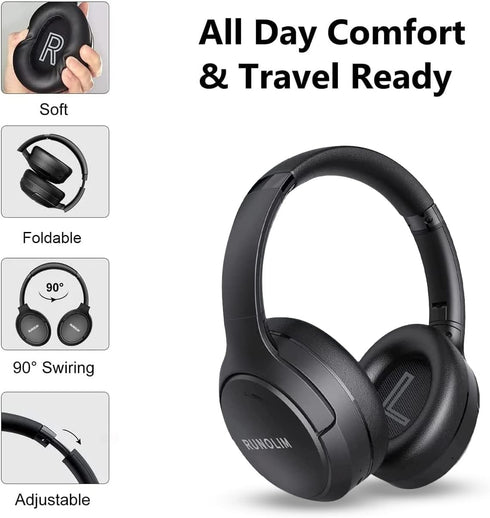 RUNOLIM Wireless Over Ear Headphones with Hybrid Active Noise Cancelling, 70H Playtime, HiFi Audio, Deep Bass, Foldable.