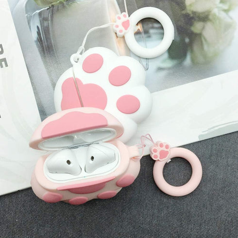Cat Paw AirPods Case 1/2 - Compatible Protective Silicone Skin for Women - Funny Kawaii 3D Cover with Ring (Pink)