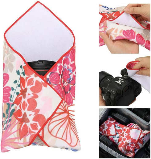 Protective Camera Lens Wrap, Magic Self-Adhesive Cloth Protective Wrapper, Washable Cleaning & Storage Cloth for DSLR/Camera Lens/Phones/Tablets/Accessories (Floral, 45cmx45cm)