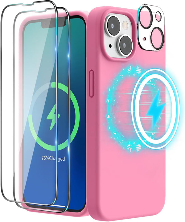 SURPHY iPhone 14 Case (6.1", 2022) - Pink Liquid Silicone, MagSafe Compatible, with 2 Screen Protectors & Camera Cover.