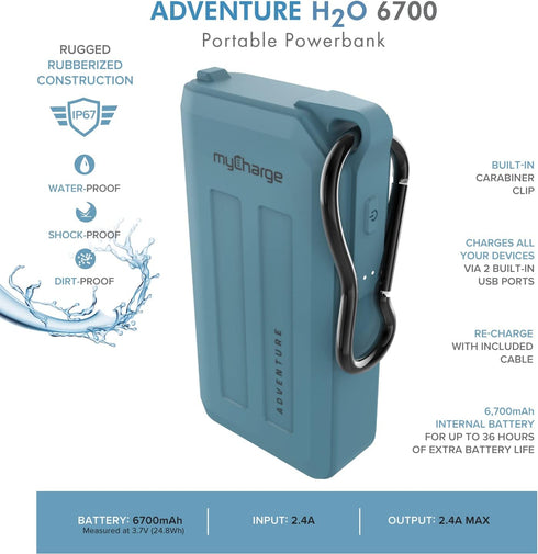 myCharge Portable Charger Waterproof Power Bank 6700mAh, Fast Charging Rugged Outdoor USB Battery Pack for iPhone,
