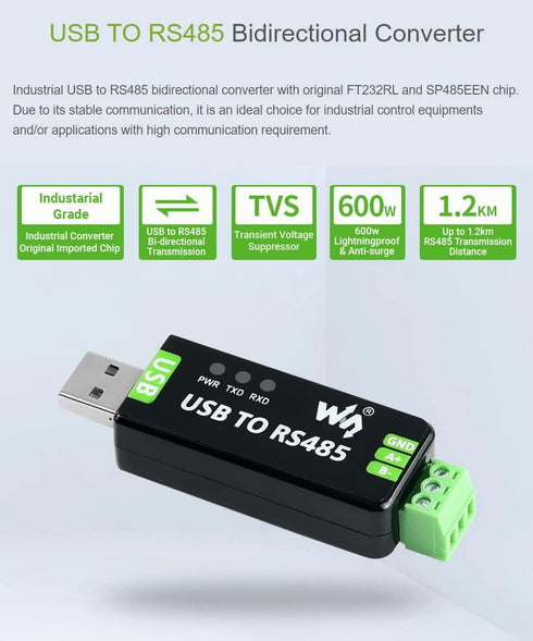 Waveshare USB to RS485 Converter with Protection Circuits, Compatible with TVs
