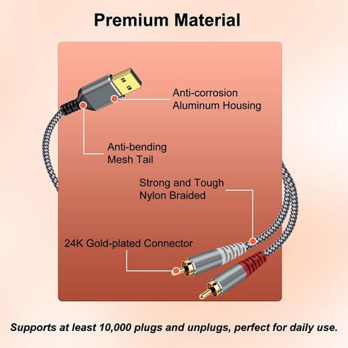 USB to RCA Audio Cable, 16FT USB to 2RCA Male Stereo Y Splitter Adapter for Laptop, PS4, Home Theater