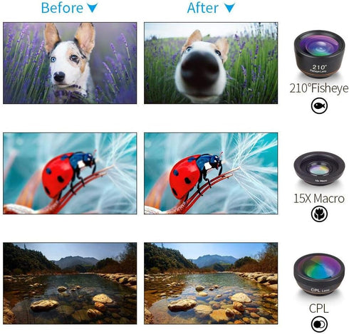 Phone Camera Lens, 6 in 1 Clip on Lens Kit with Fisheye, Macro, Wide Angle, Zoom, Polarization, and Starlight Lenses