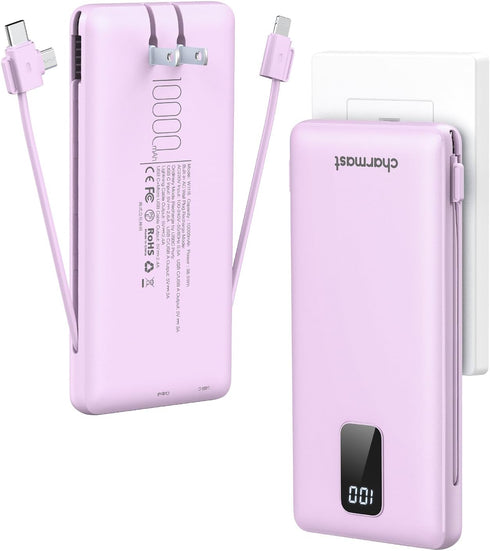 Charmast Portable Charger 10000mAh with Built-in Cables & Wall Plug, External Battery Pack for iPhone, Samsung, iPad
