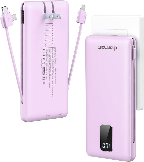 Charmast Portable Charger 10000mAh with Built-in Cables & Wall Plug, External Battery Pack for iPhone, Samsung, iPad