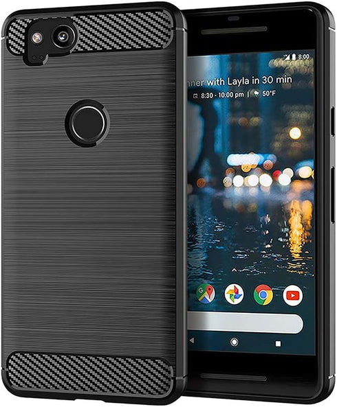 Asuwish Compatible Google Pixel 2 Case, Tempered Glass Screen Protector, Soft Silicone Cover, Carbon Fiber Navy