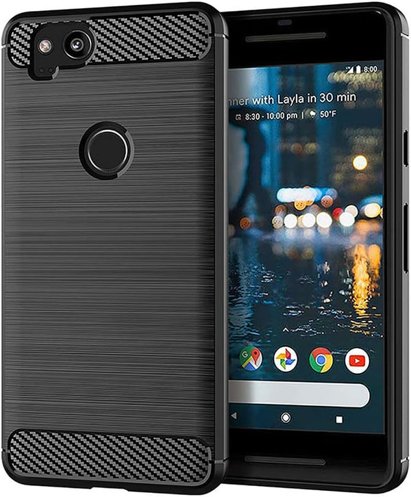 Asuwish Compatible Google Pixel 2 Case, Tempered Glass Screen Protector, Soft Silicone Cover, Carbon Fiber Navy