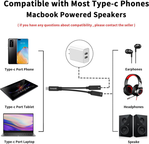 USB C Splitter, Dual USB C Headphone and Charger Adapter, 2-in-1 Type C Audio and PD 60W Fast Charging for USB C