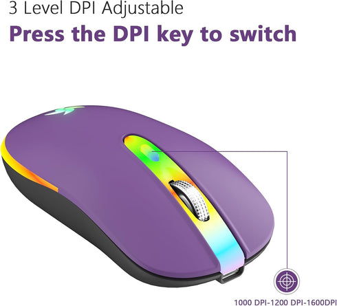 HZD LED Wireless Mouse - Slim Silent Rechargeable Optical Mouse with Type C Adapter, 3 Adjustable DPI Levels (Purple)