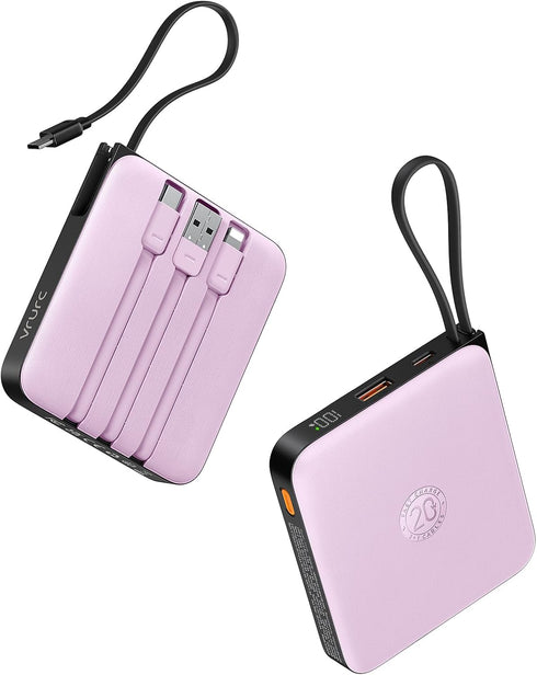 VRURC Portable Charger with Built-in Cable, 10000mAh Power Bank, 22.5W/PD20W Fast Charging USB C Battery Pack with LED