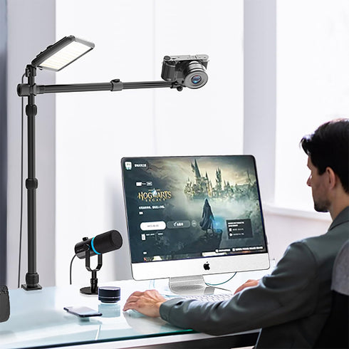 Overhead Camera Mount Table Stand with 2 Section Telescopic Arm, Adjustable Light Stand Mount for DSLR, Phone, Webcam