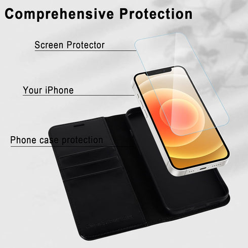MONASAY Wallet Case for iPhone 11, 6.1-inch - Flip Folio Leather Cover with Glass Screen Protector and RFID Blocking