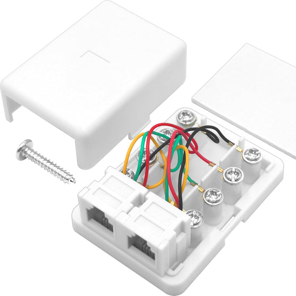 Phone Jack Surface Mount Dual Port - 2 Phone Line Telephone Jack Box with 8 Screw Terminals to 2 RJ11 (White)