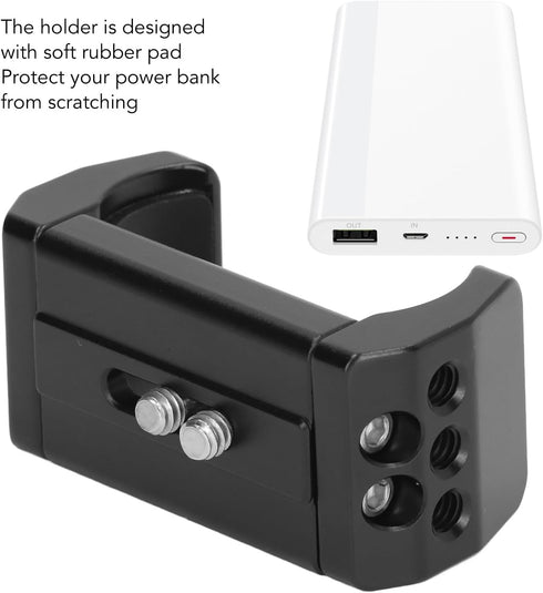 Aluminum Power Bank Holder, 53-80mm Width Range, 1/4in Screw Hole, Mount Clamp for Camera with Nonslip Protection