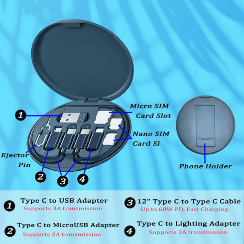 Multi USB Charging Adapter Cable Kit, USB C to Lighting Adapter Box, Data Transfer, Phone Holder (Blue)