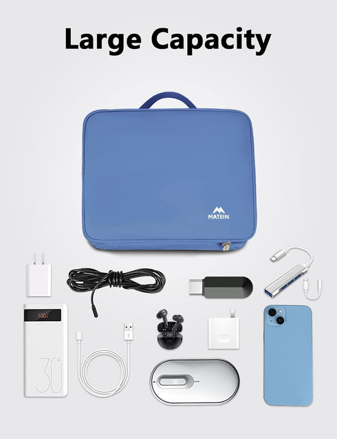 MATEIN Electronics Organizer Bag, Double Layers Tech Organizer with Handle for Cable, Charger, Phone, Ipad Mini, Blue