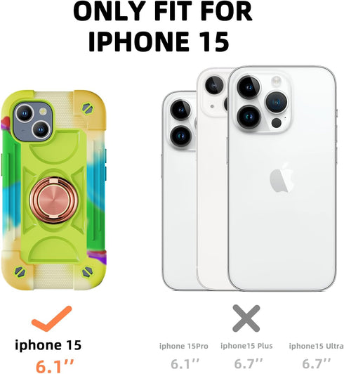 Compatible with iPhone 15 Case 6.1" - Heavy-Duty Shockproof Military-Grade Rugged Cover with Ring Stand, Glass Screen Protector & Camera Lens Protector (Rainbow Green)