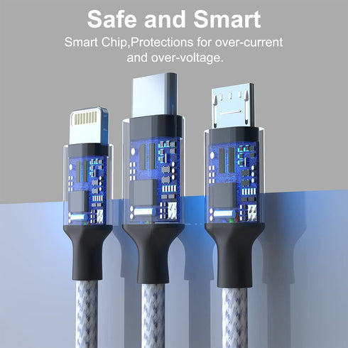 3M/10Ft Multi 3 in 1 USB Charging Cable for iPhone, Android, Samsung, LG, Pixel, Huawei, XiaoMi (Gray) - Nylon Braided
