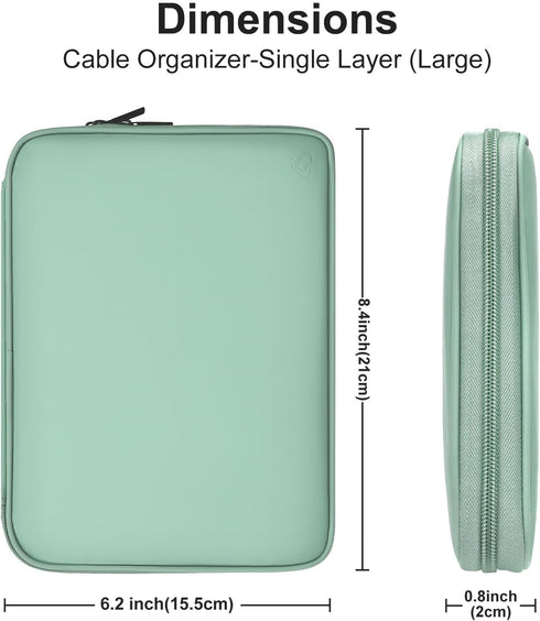 Leather Cord Organizer Travel Bag, Waterproof Tech Organizer Case for Charger and Accessories (Light Green, Large)