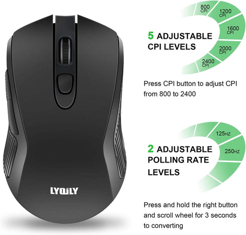 2.4G Wireless Mice, Super Energy Saving Portable Optical PC Laptop Mouse, 5 Adjustable DPI, 6 Buttons for Windows,