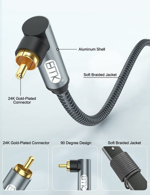 EMK 90 Degree RCA Cable, Male to Male Subwoofer Cable with Gold Plated Connectors, Pack of 2 (6 Feet)