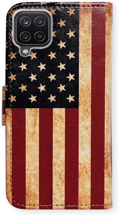Galaxy A12 Case, Retro American Flag Leather Flip Wallet Cover with Card Slot Holder Kickstand for Samsung A12 2021
