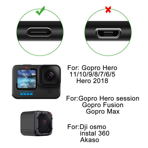 Suptig 2 Pack Charging Cable Compatible with Gopro hero12/11/10/9/8/7/6/5/hero Session gopro max Charging and Data Sync Cord(Black)