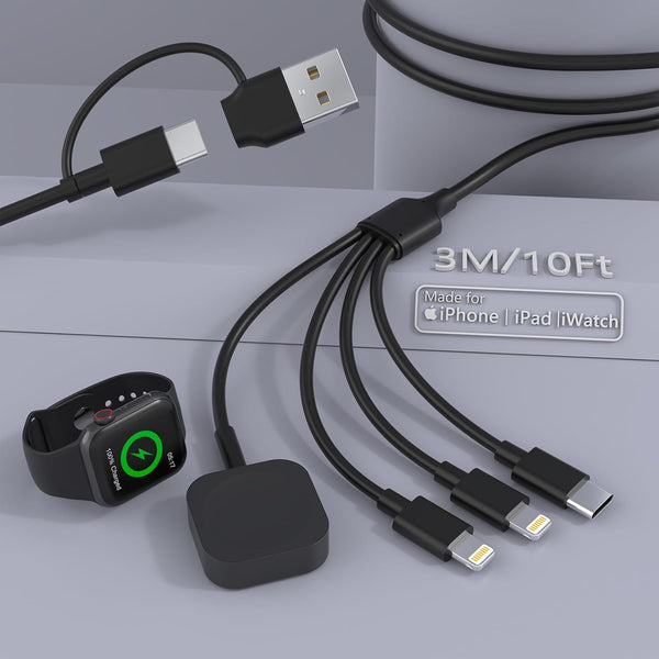 4 in 2 iWatch Charger Cable for Apple Watch/iPhone/Airpods, 3M Multi Charging Cable Travel Watch Charger Cord