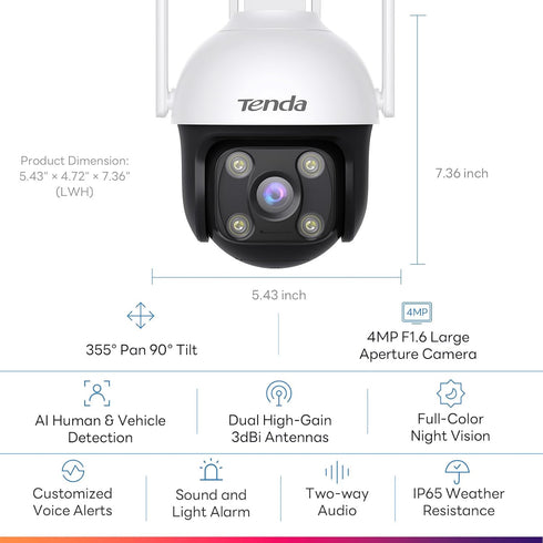 Tenda Security Cameras Outdoor, Plug-in WiFi Camera, 4MP, 360° Pan/Tilt, Color Night Vision, AI Detection