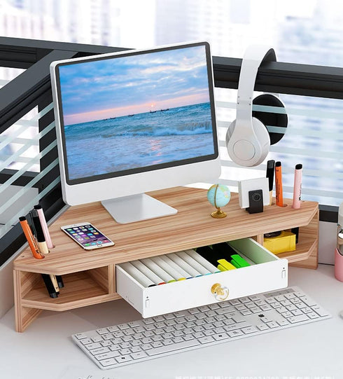 Triangle Monitor Riser, Cut Triangular Desktop Corner Stand with Drawers, Wooden Computer Stand for Office Organization