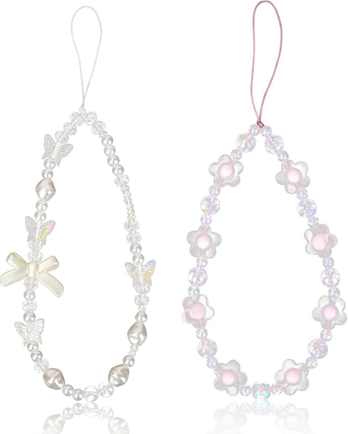 2pcs Beaded Phone Bracelet Strap, Crystal Butterfly Flower Pearl Lanyard for Women Phone Keychain Charm