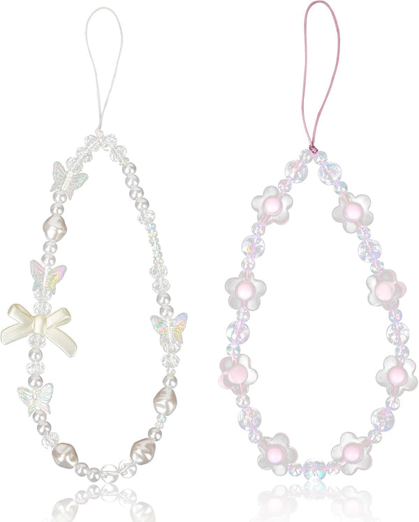 2pcs Beaded Phone Bracelet Strap, Crystal Butterfly Flower Pearl Lanyard for Women Phone Keychain Charm