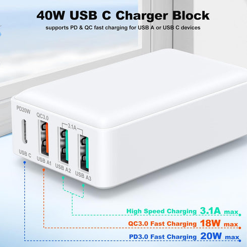 Flat USB Wall Charger, Excgood 40W 4Port USB and USB C Fast Charging Block PD+QC Foldable Wall Plug Power Adapter