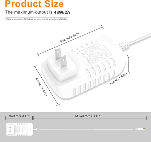 PAUTIX 24V DC Power Supply Adapter 2A 48W AC to DC Converter with 5.5 x 2.1mm US Plug for LED Strip, CCTV