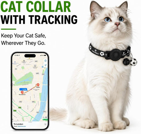 GPS Collar for Cats (Android Only) Pet Tracker, Soccer Style Smart Tag Compatible with Google Find My, Waterproof No