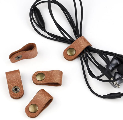 5 Pieces PU Leather Cord Organizer, Reusable Cable Keeper for Headphones and Earbuds (Brown)
