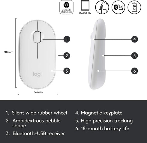 Logitech Pebble Wireless Mouse, Bluetooth or 2.4 GHz Receiver, Silent Slim Mouse for Laptop/Notebook/iPad/PC