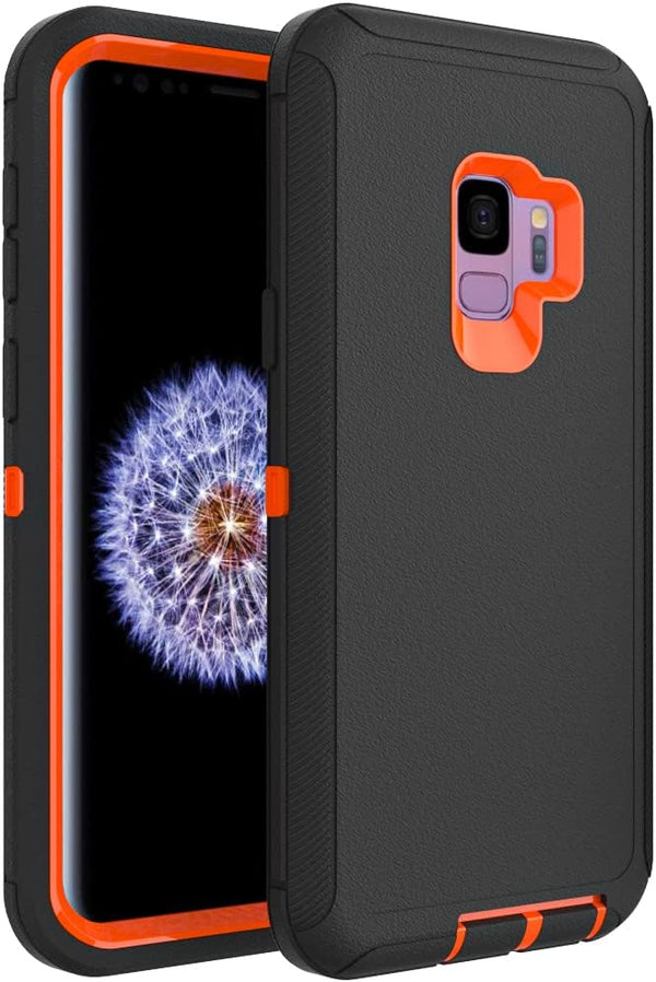 Heavy-Duty Case for Samsung Galaxy S9 Plus, Rugged Shockproof Drop Protective Cover - Black + Orange