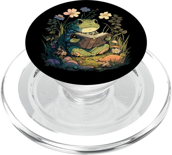 Cute Cottagecore Aesthetic Frog Reading Book Lover PopSockets MagSafe PopGrip for iPhone