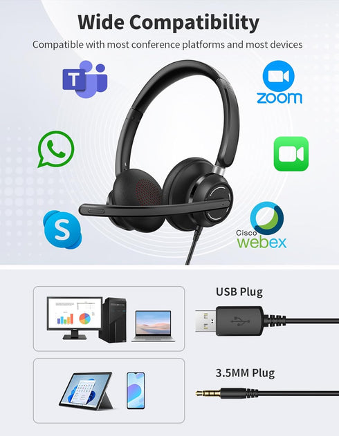 Headset (3.5mm Wired Headphones with Microphone for PC, On-Ear Computer Laptop USB with Noise Cancelling Microphone