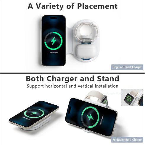 2024 Version 3 in 1 Wireless Charger Super Fast Charging Station for iPhone, Apple Watch, AirPods, White, Travel Dock