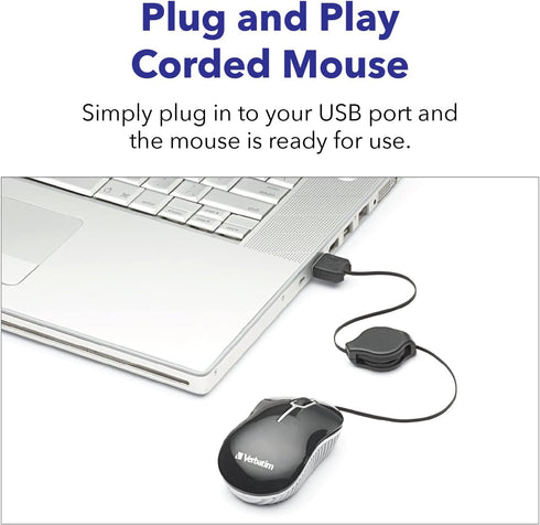 Verbatim 98616 Wired Optical Computer Mini USB-A Mouse - Plug & Play Corded Small Travel Mouse with Retractable Cable