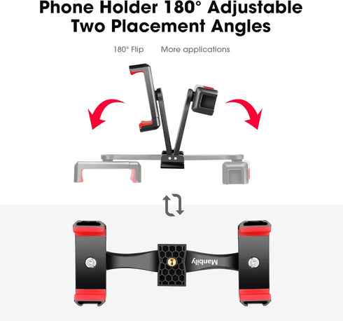Manbily 360 4 Phone Tripod Mount Adapter, Rotatable Dual Cell Phone Holder Clip, Adjustable Clamp with Cold Shoe